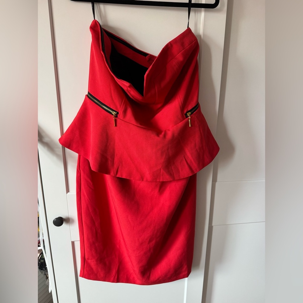 City Chic Red Strapless Peplum Midi Dress with Zip Details - Picture 3 of 5